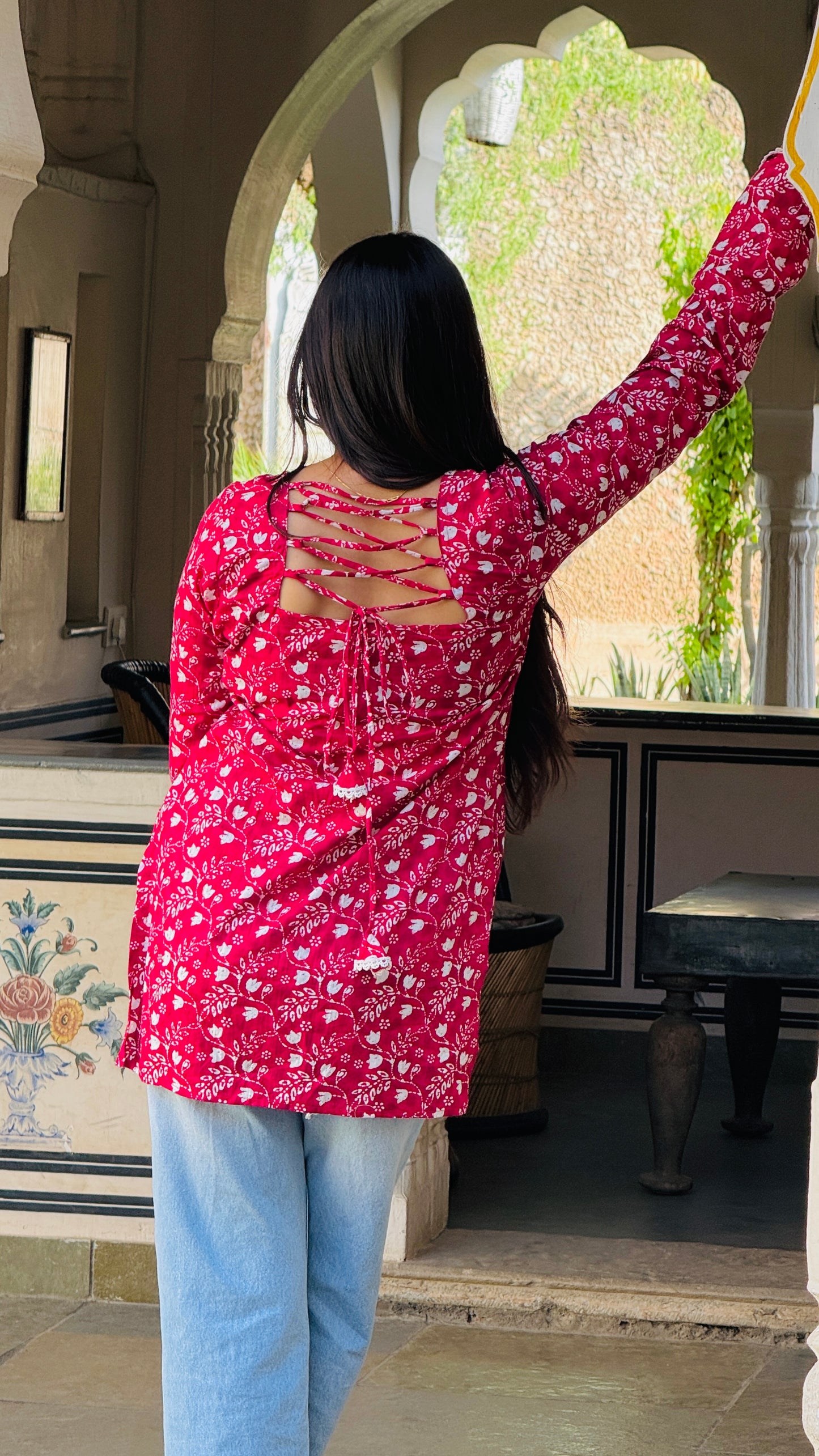 🌸Crimson Charm Lack-Up Kurti🌸
