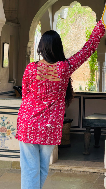 🌸Crimson Charm Lack-Up Kurti🌸