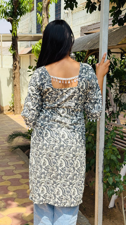✨Indigo Handblock Cotton Kurti | Square Neck & Cowrie Shell Sleeves