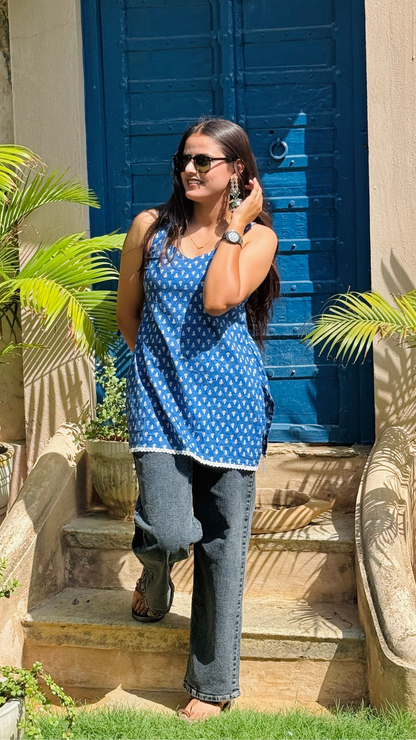 Floral print cotton Kurti -Indigo blue💙🫧