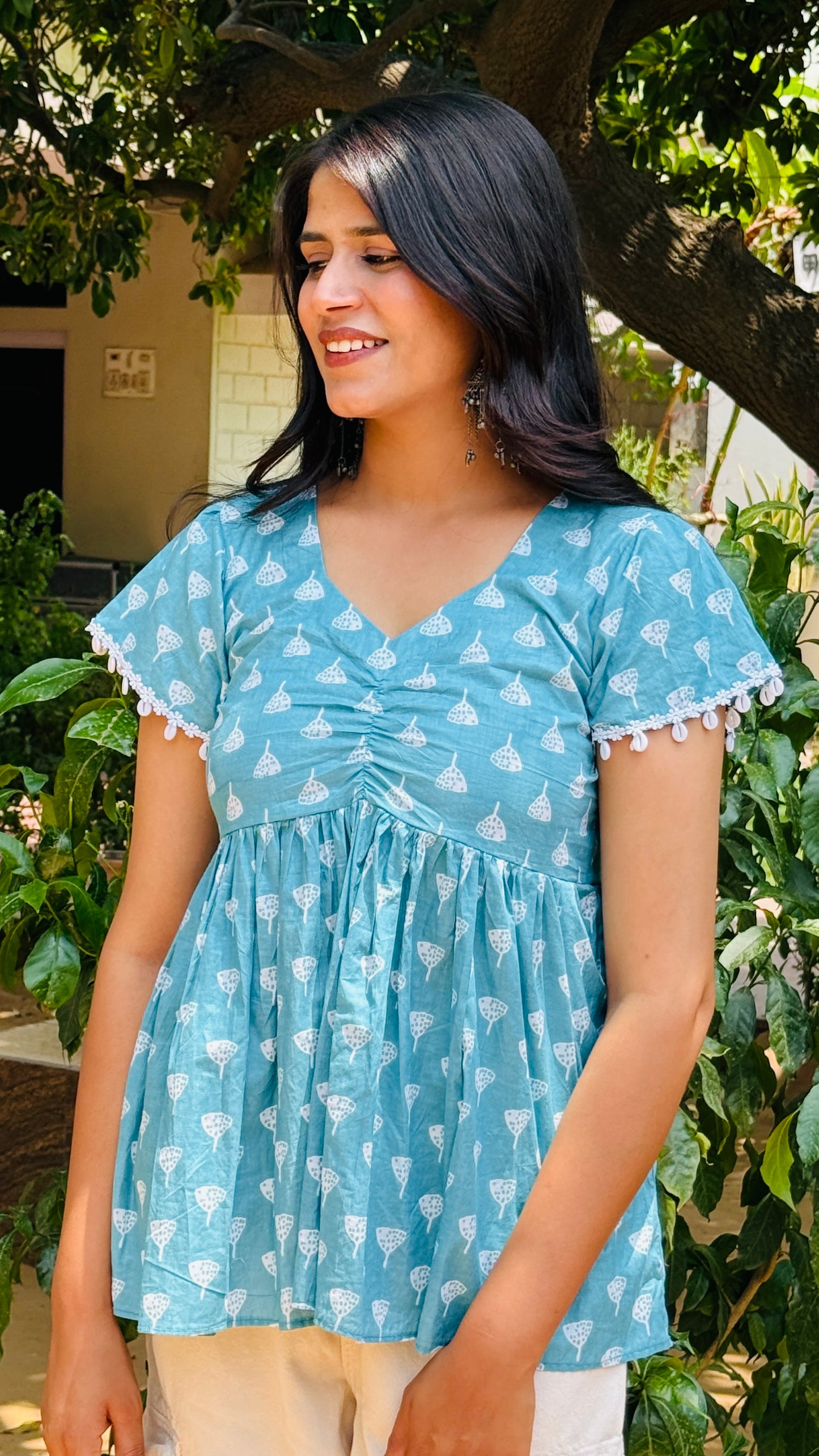 Sky Blue Cotton Printed Flared Top with Lace Sleeves - Summer Casual Wear For Women🫧🐚🦋