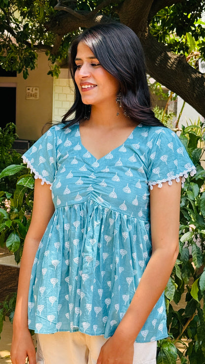 Sky Blue Cotton Printed Flared Top with Lace Sleeves - Summer Casual Wear For Women🫧🐚🦋