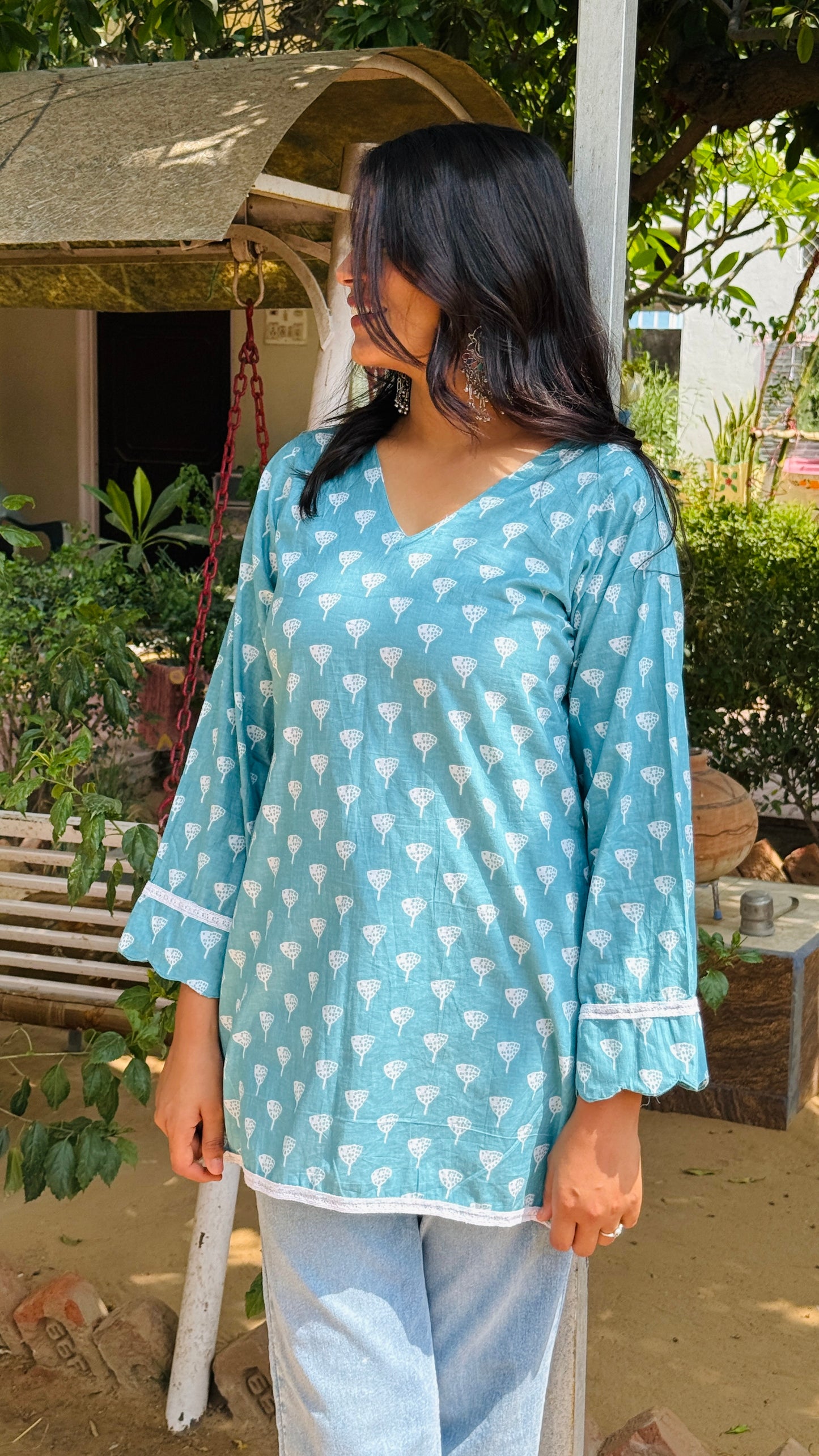🦋Sky Blue Cotton Kurti with White Print & Flounce Sleeves | Everyday Comfort Fit