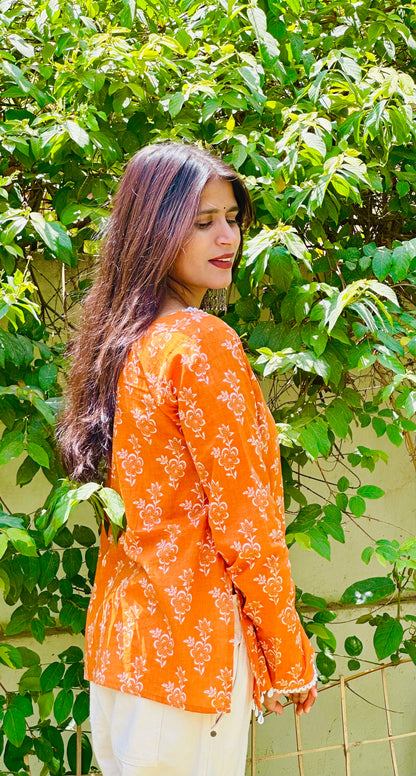 Noor Orange Cotton Kurti | Ethnic Floral Elegance🧡🪞🪄