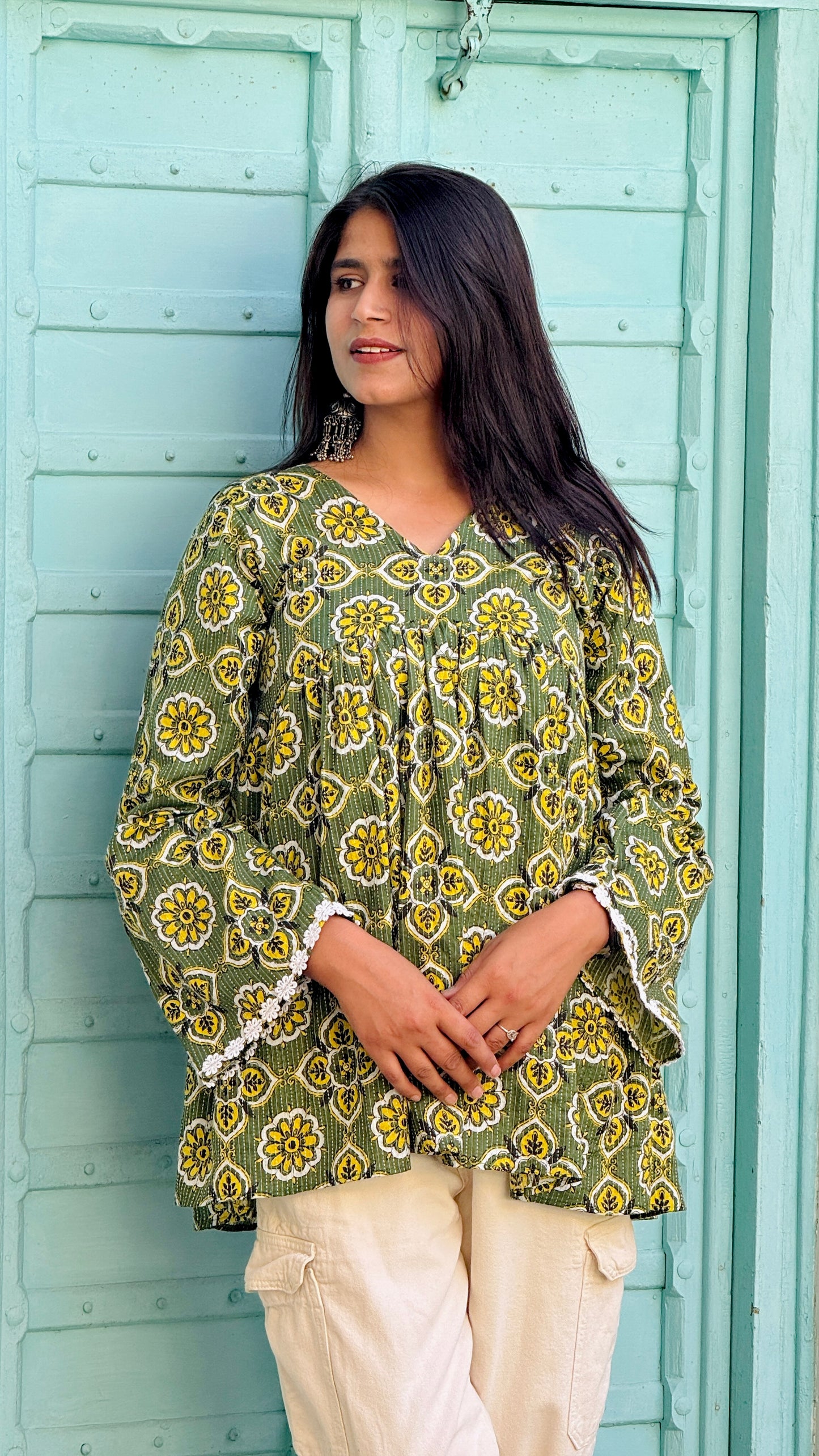 Green yellow floral cotton kurti