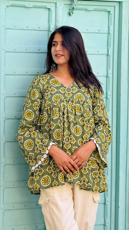 Green yellow floral cotton kurti