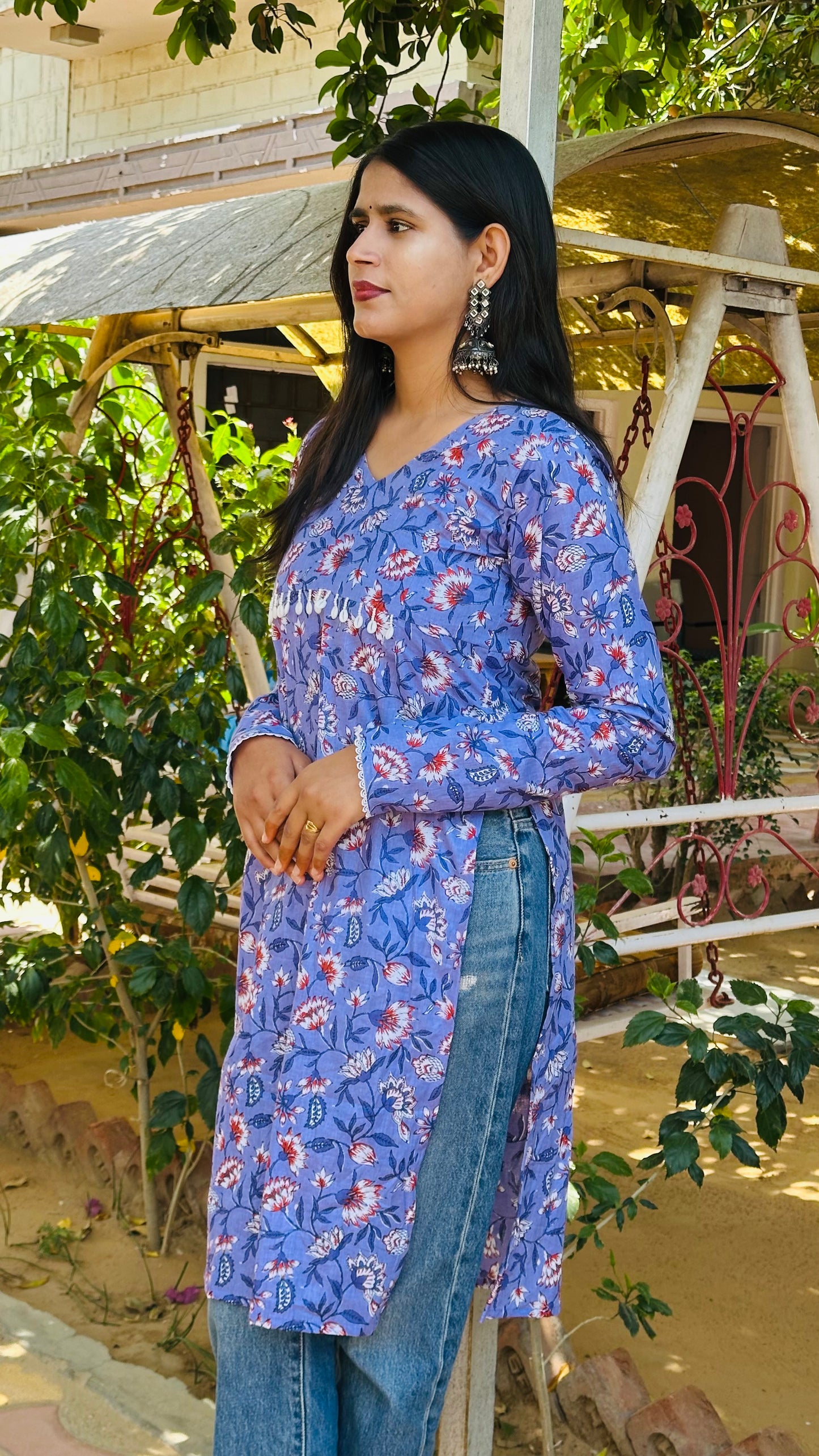 Purple Floral Long Sleeve Kurti with Back Tie - Up Design💜🐚🫧