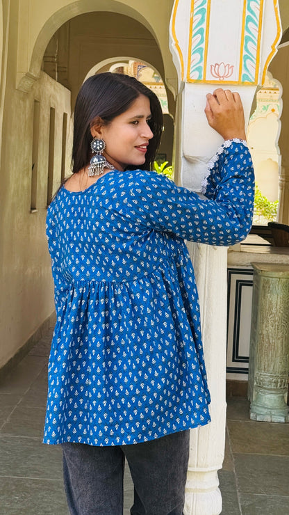 Royal Blue Handblock-Style Gathered Kurti Top🦋