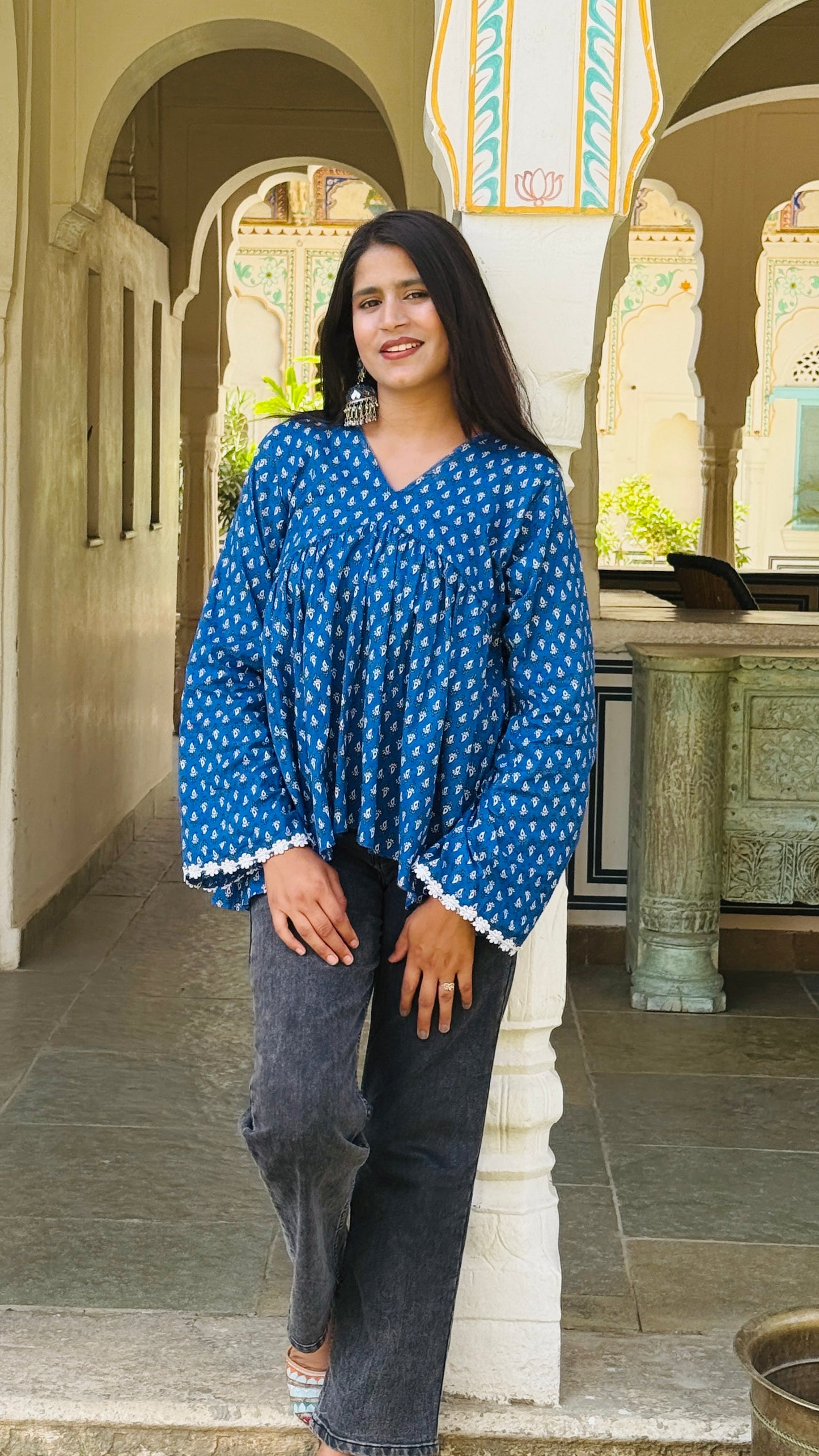 Royal Blue Handblock-Style Gathered Kurti Top🦋