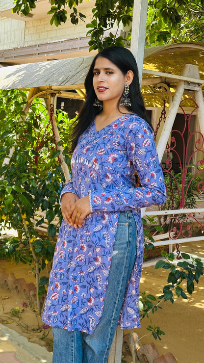 Purple Floral Long Sleeve Kurti with Back Tie - Up Design💜🐚🫧