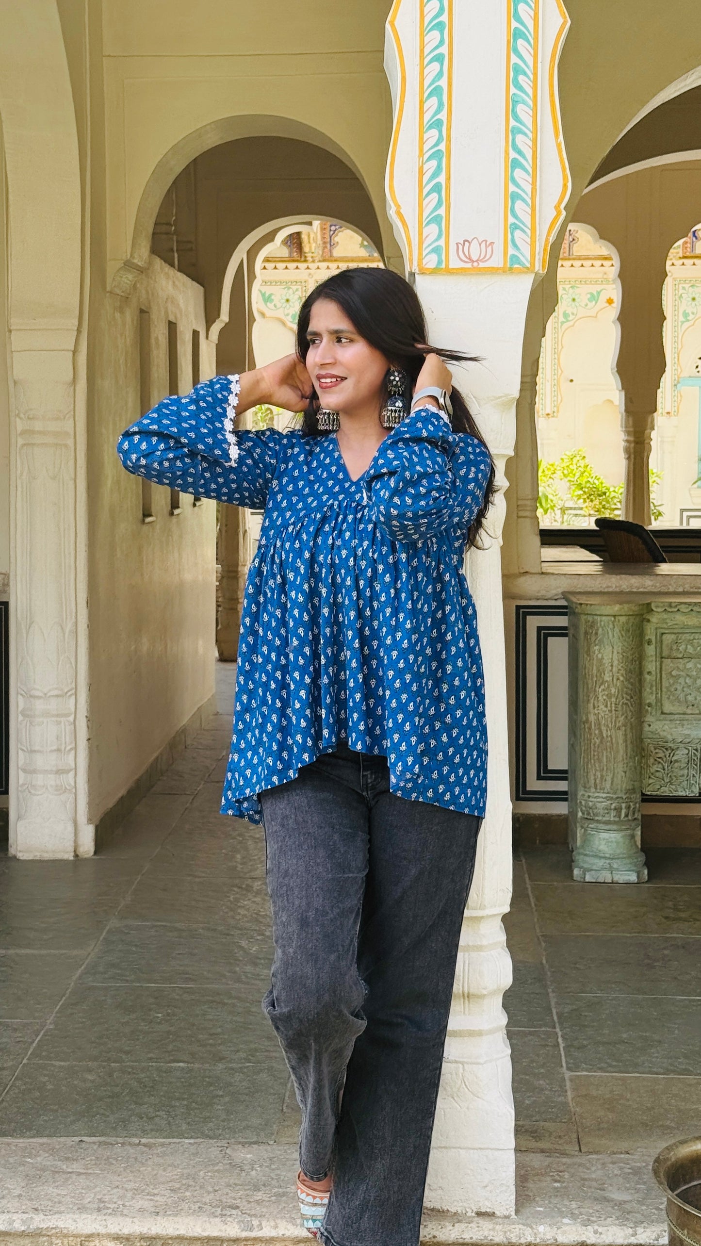 Royal Blue Handblock-Style Gathered Kurti Top🦋