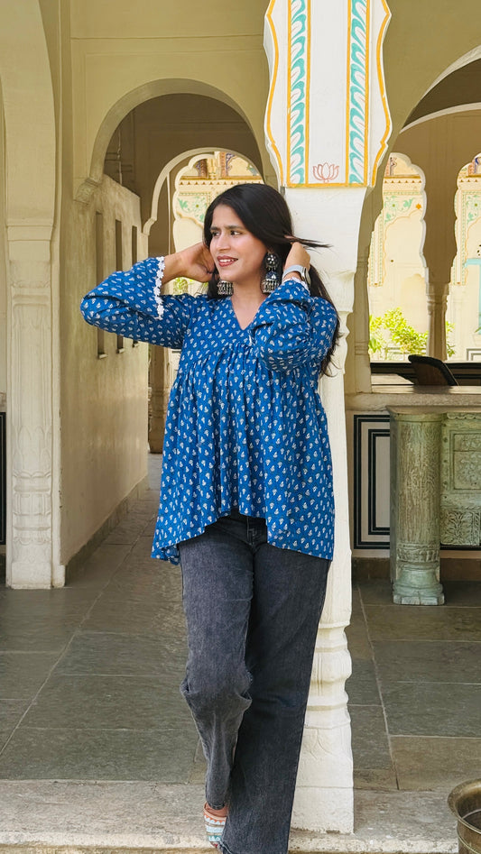 Royal Blue Handblock-Style Gathered Kurti Top🦋