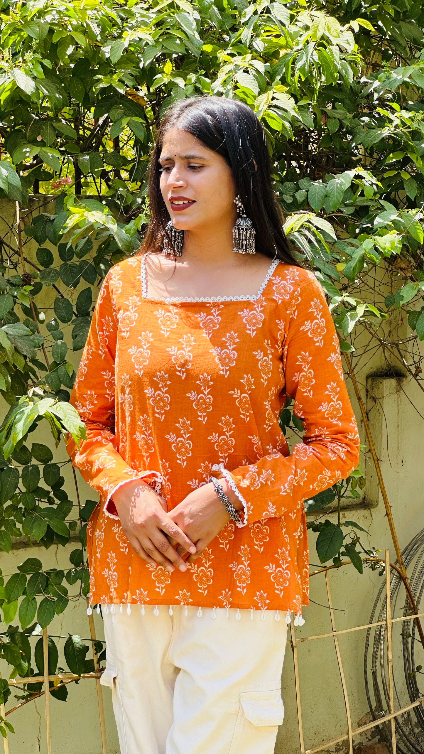 Noor Orange Cotton Kurti | Ethnic Floral Elegance🧡🪞🪄