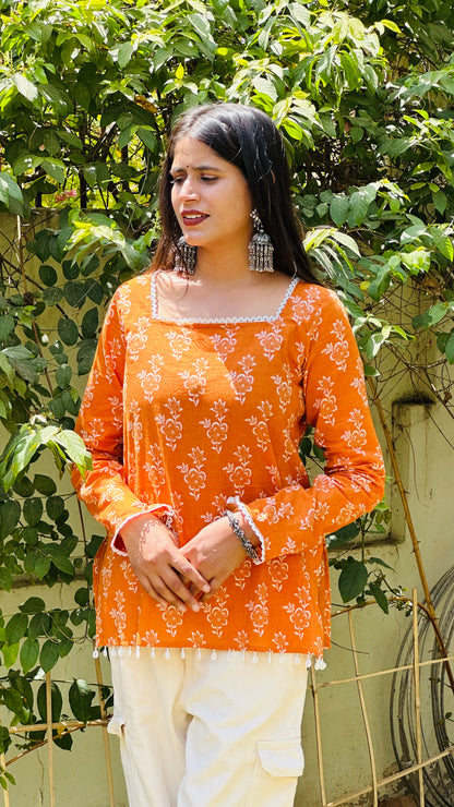 Noor Orange Cotton Kurti | Ethnic Floral Elegance🧡🪞🪄