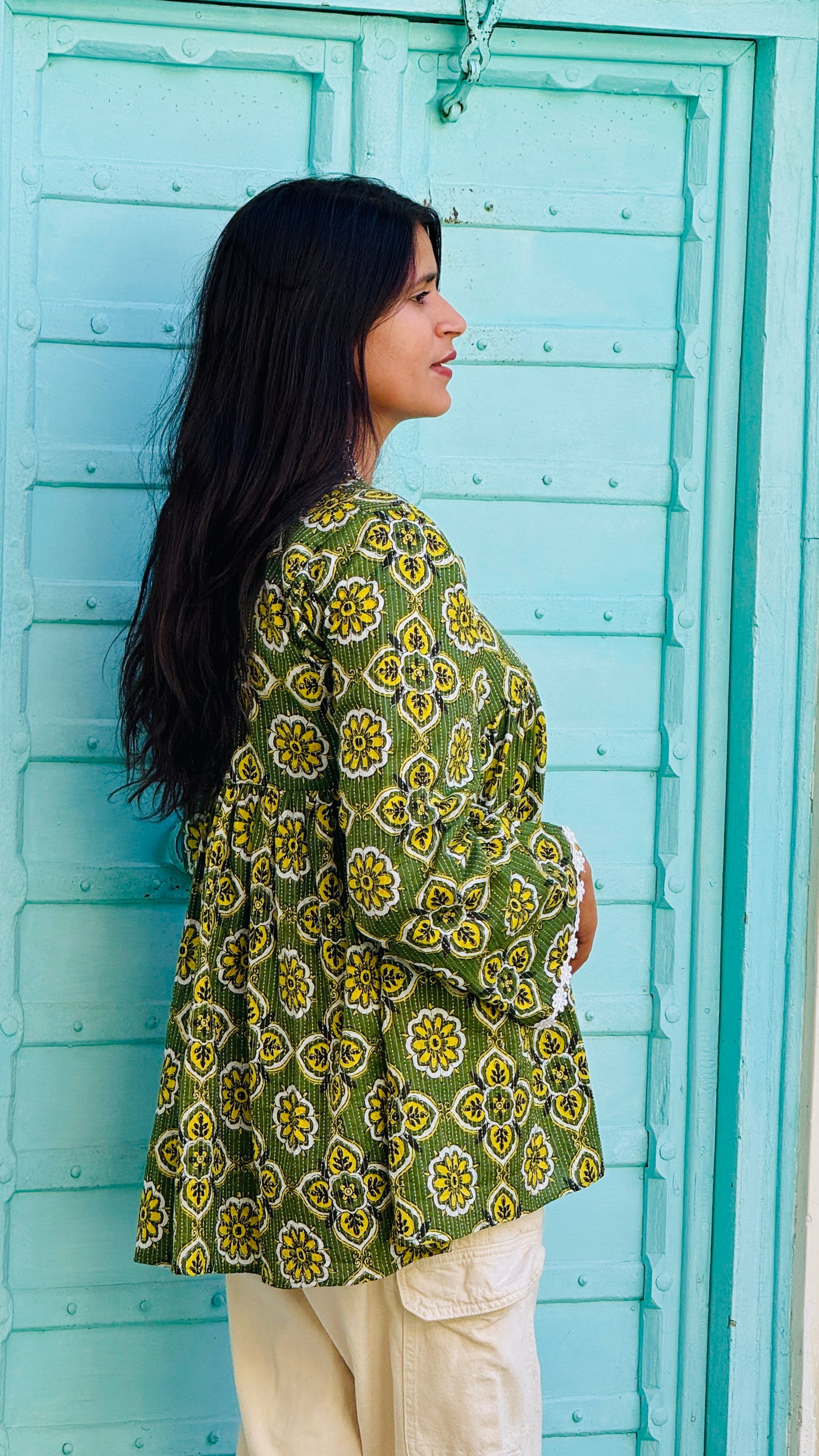 Green yellow floral cotton kurti