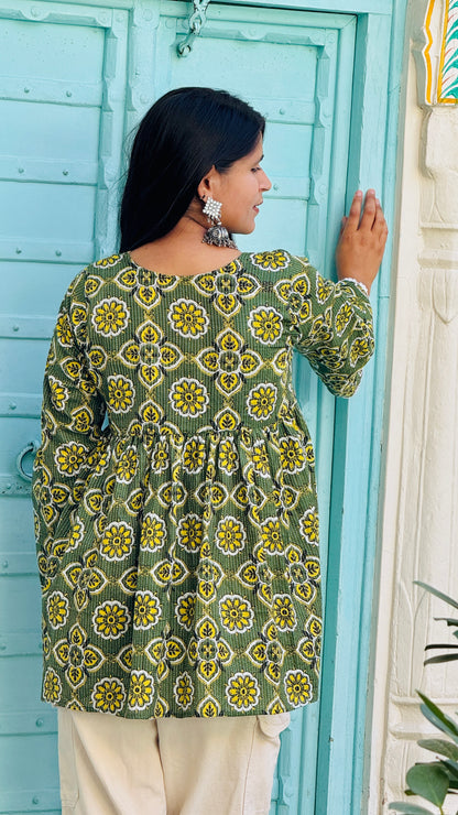 Green yellow floral cotton kurti