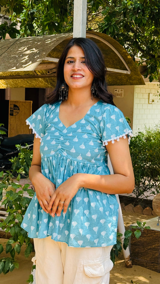 Sky Blue Cotton Printed Flared Top with Lace Sleeves - Summer Casual Wear For Women🫧🐚🦋
