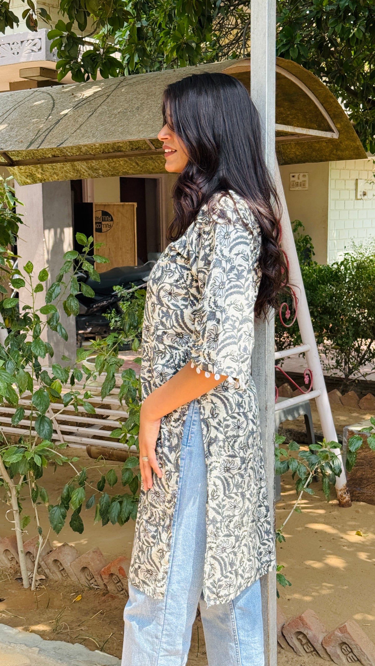 ✨Indigo Handblock Cotton Kurti | Square Neck & Cowrie Shell Sleeves