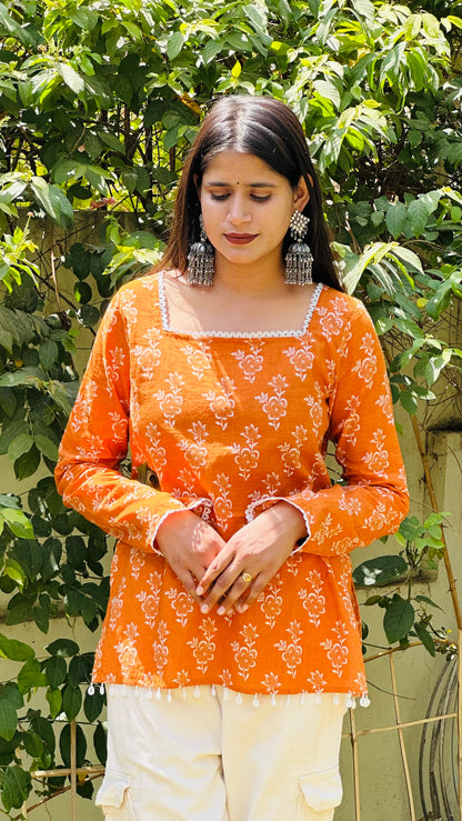 Noor Orange Cotton Kurti | Ethnic Floral Elegance🧡🪞🪄