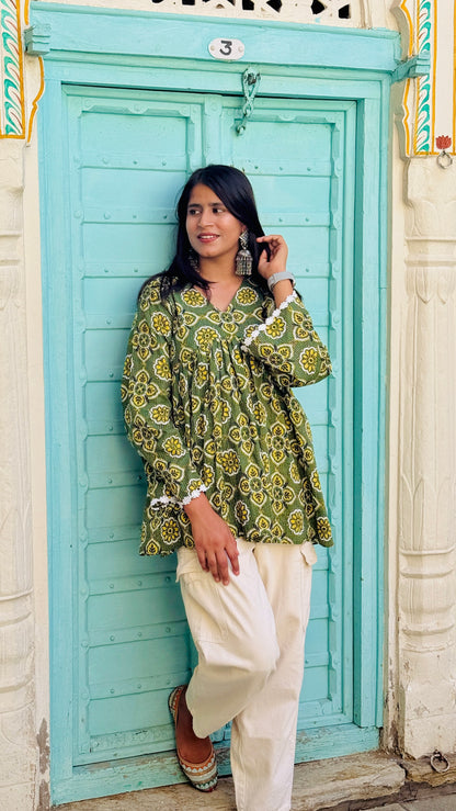 Green yellow floral cotton kurti