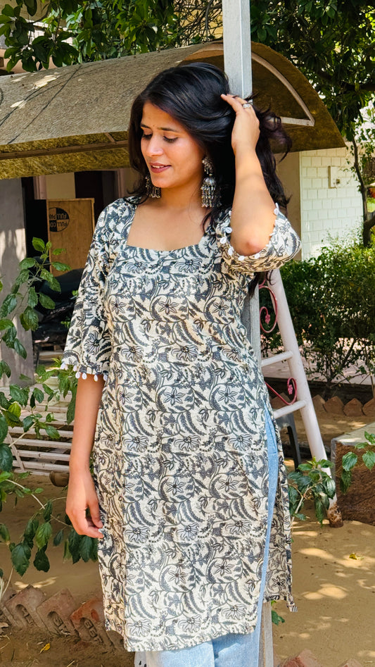 ✨Indigo Handblock Cotton Kurti | Square Neck & Cowrie Shell Sleeves